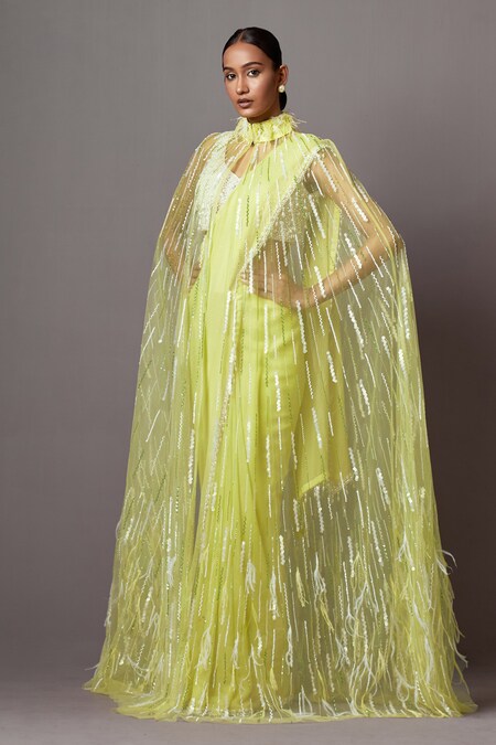 MALA AND KINNARY Yellow Georgette Embroidered Stripe Feather Embellished Cape Saree Set  