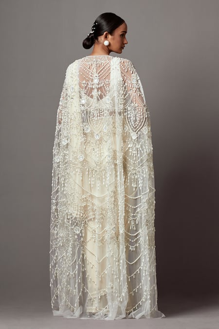 Shop_Mala And Kinnary_Ivory Georgette, Net Pearls, Crystals, Stones Scallop Embroidered Cape Saree Set_at_Aza_Fashions