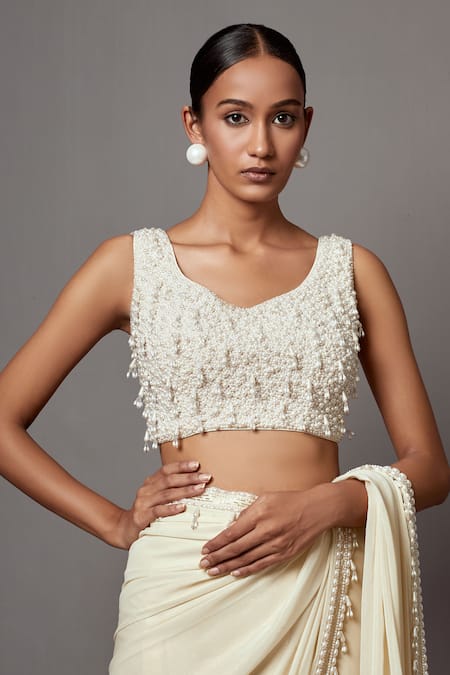 Mala And Kinnary_Ivory Georgette, Net Pearls, Crystals, Stones Scallop Embroidered Cape Saree Set_Online_at_Aza_Fashions