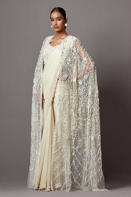 Buy_Mala And Kinnary_Ivory Georgette, Net Pearls, Crystals, Stones Scallop Embroidered Cape Saree Set_Online_at_Aza_Fashions