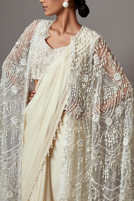 Shop_Mala And Kinnary_Ivory Georgette, Net Pearls, Crystals, Stones Scallop Embroidered Cape Saree Set_Online_at_Aza_Fashions