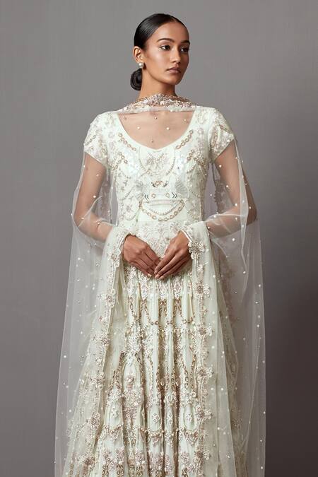 Mala And Kinnary_Green Net Pearls, Stones Round Swan Baroque Embellished Anarkali With Dupatta_Online_at_Aza_Fashions