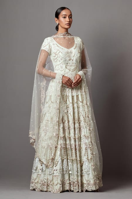 Buy_Mala And Kinnary_Green Net Pearls, Stones Round Swan Baroque Embellished Anarkali With Dupatta_Online_at_Aza_Fashions