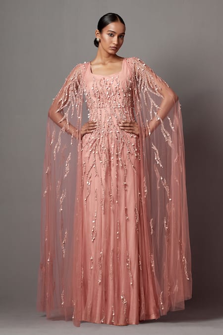 Mala and Kinnary Pink Net Embroidered Sequin Gown V-neck Embellished With Cape 