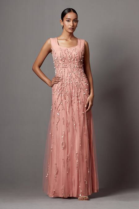 Mala And Kinnary_Pink Net Sequins V-neck Embellished Gown With Cape_Online_at_Aza_Fashions