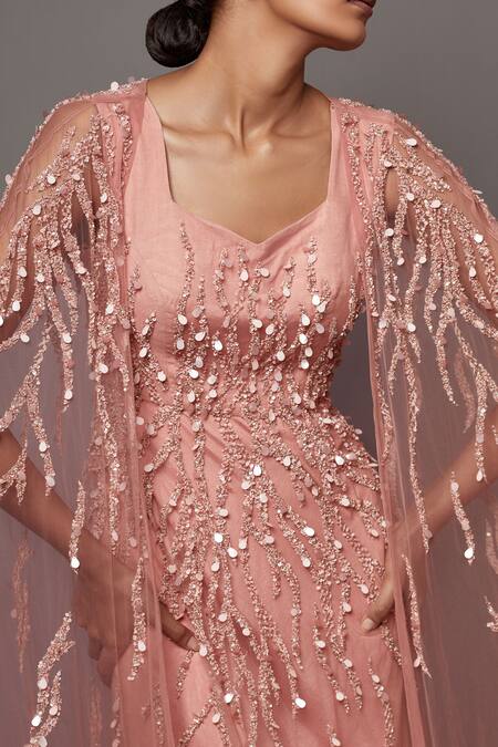 Buy_Mala And Kinnary_Pink Net Sequins V-neck Embellished Gown With Cape_Online_at_Aza_Fashions