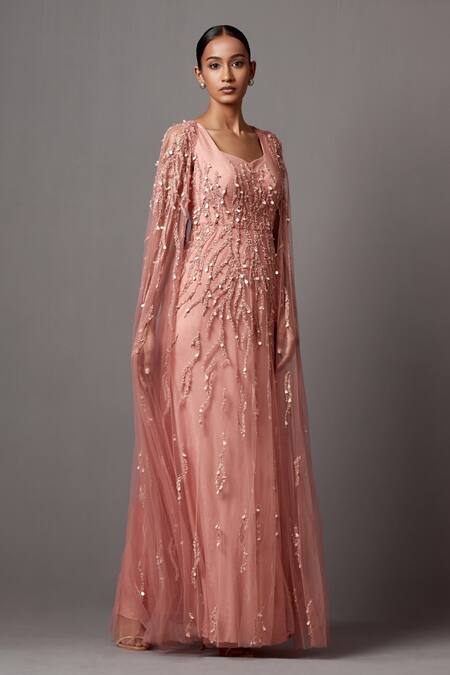 Shop_Mala And Kinnary_Pink Net Sequins V-neck Embellished Gown With Cape_Online_at_Aza_Fashions