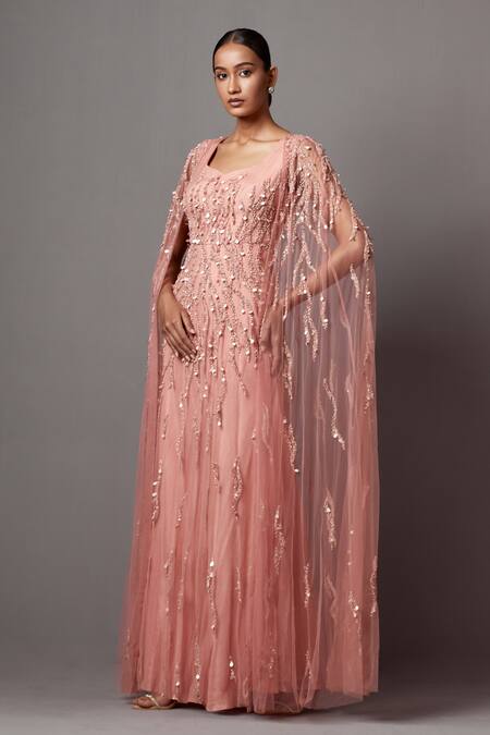 Mala And Kinnary_Pink Net Sequins V-neck Embellished Gown With Cape_at_Aza_Fashions