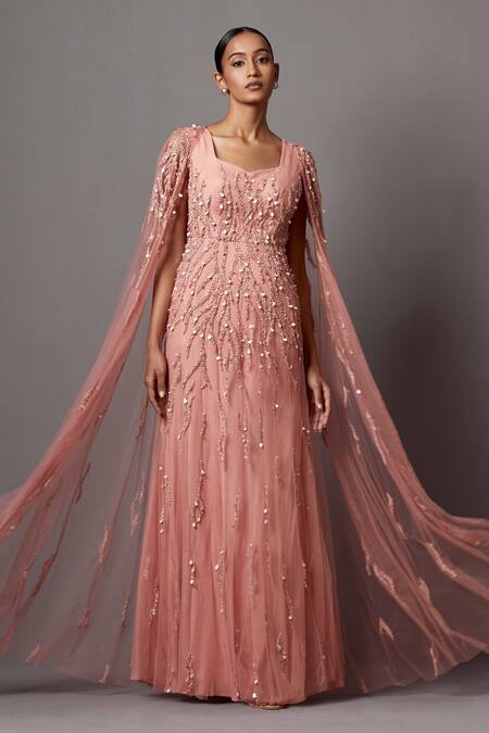 Buy_Mala And Kinnary_Pink Net Sequins V-neck Embellished Gown With Cape