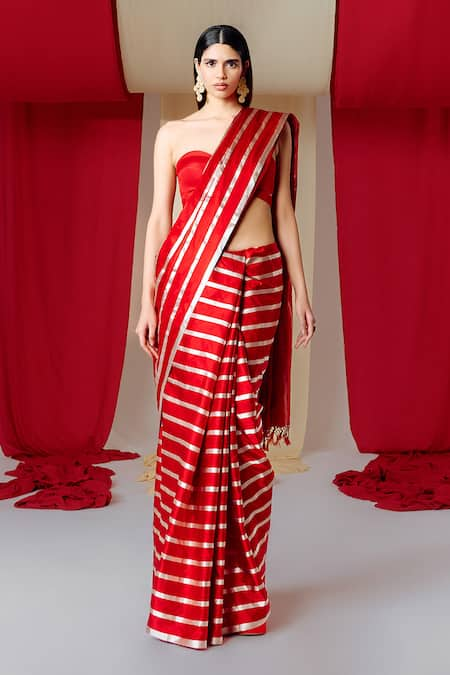 Ekaya Red Silk Handwoven Stripe Saree With Unstitched Blouse Piece  