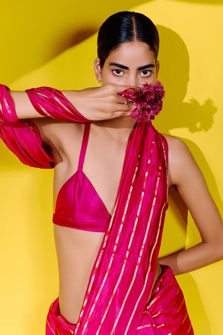 Ekaya Banaras_Pink Silk Chevron Woven Saree With Unstitched Blouse Piece _Online_at_Aza_Fashions