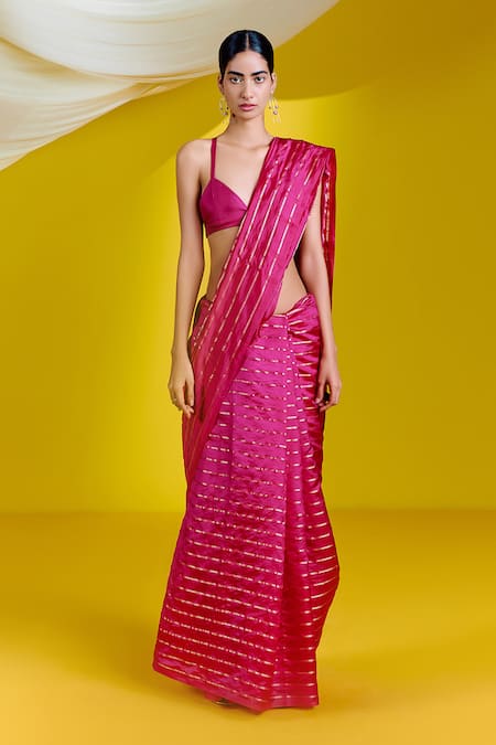 Ekaya Pink Silk Handwoven Chevron Saree With Unstitched Blouse Piece  