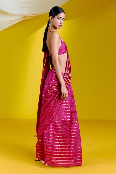 Shop_Ekaya Banaras_Pink Silk Chevron Woven Saree With Unstitched Blouse Piece _at_Aza_Fashions