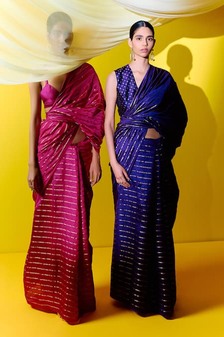 Shop_Ekaya Banaras_Pink Silk Chevron Woven Saree With Unstitched Blouse Piece _Online_at_Aza_Fashions