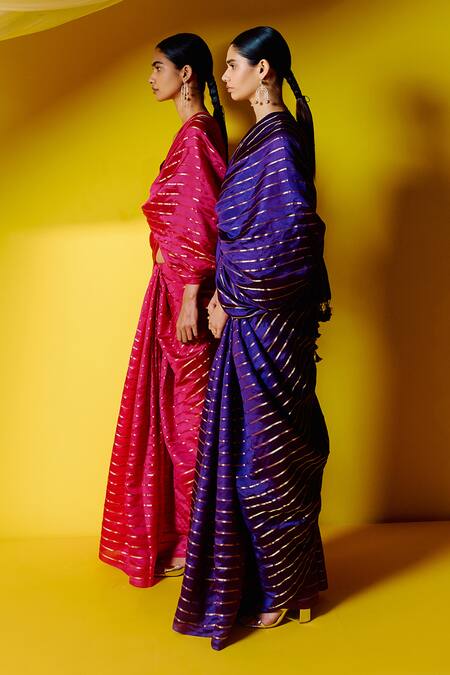 Ekaya Banaras_Pink Silk Chevron Woven Saree With Unstitched Blouse Piece _at_Aza_Fashions