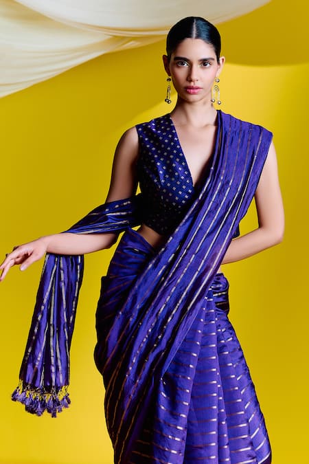 Ekaya Banaras_Purple Silk Handwoven Saree With Unstitched Blouse Piece _Online_at_Aza_Fashions