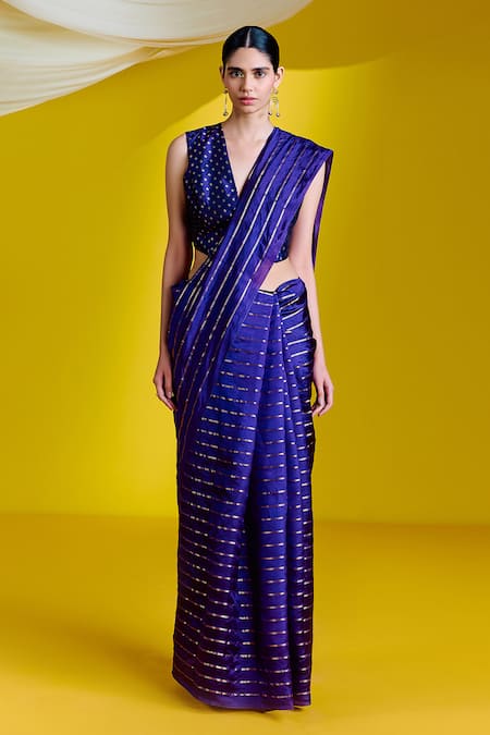 Shop_Ekaya Banaras_Purple Silk Handwoven Saree With Unstitched Blouse Piece _at_Aza_Fashions