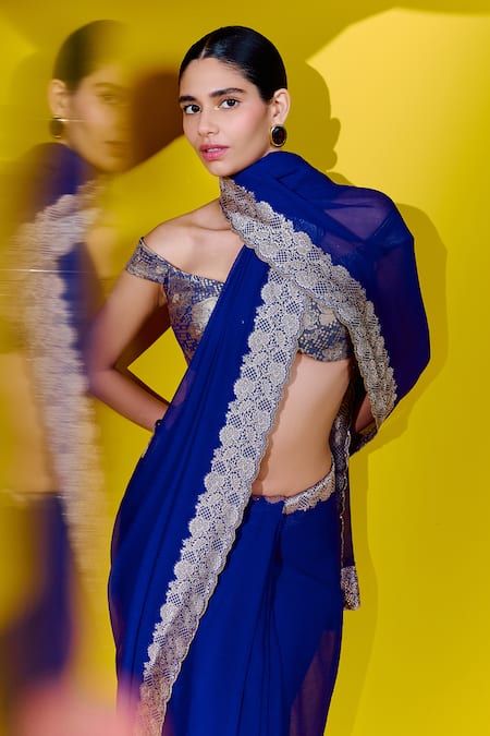 Ekaya Banaras_Blue Georgette Embroidery Floral Border Woven Saree With Unstitched Blouse Piece _Online_at_Aza_Fashions
