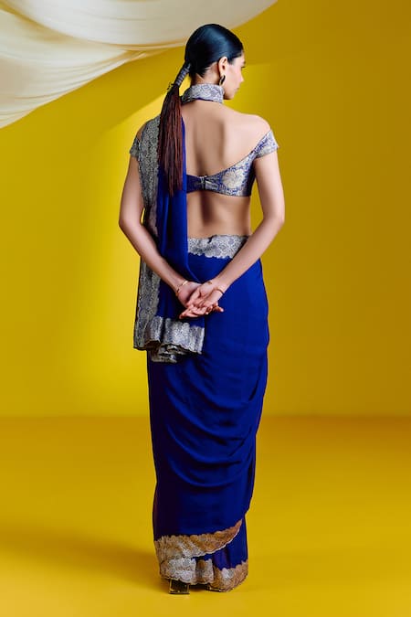 Shop_Ekaya Banaras_Blue Georgette Embroidery Floral Border Woven Saree With Unstitched Blouse Piece _at_Aza_Fashions