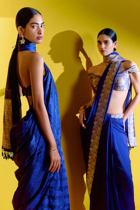 Shop_Ekaya Banaras_Blue Georgette Embroidery Floral Border Woven Saree With Unstitched Blouse Piece _Online_at_Aza_Fashions