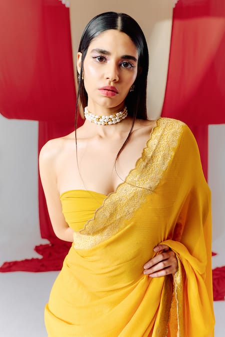 Ekaya Banaras_Yellow Georgette Flower Border Woven Saree With Unstitched Blouse Piece _Online_at_Aza_Fashions