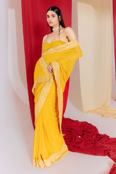 Buy_Ekaya Banaras_Yellow Georgette Flower Border Woven Saree With Unstitched Blouse Piece _Online_at_Aza_Fashions