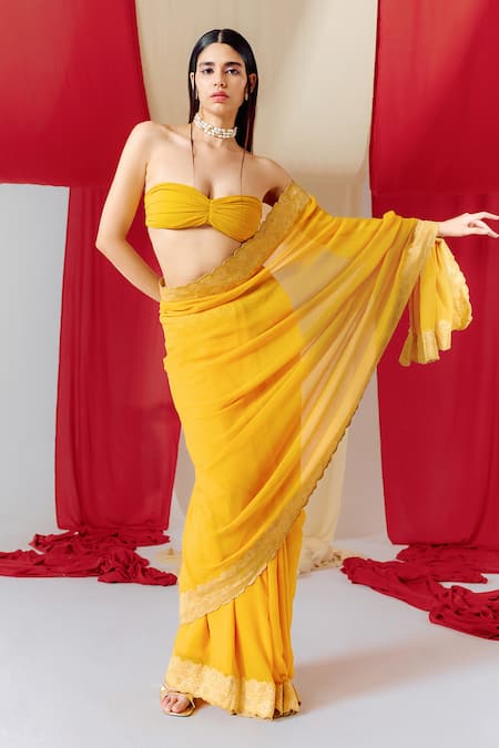 Shop_Ekaya Banaras_Yellow Georgette Flower Border Woven Saree With Unstitched Blouse Piece _at_Aza_Fashions