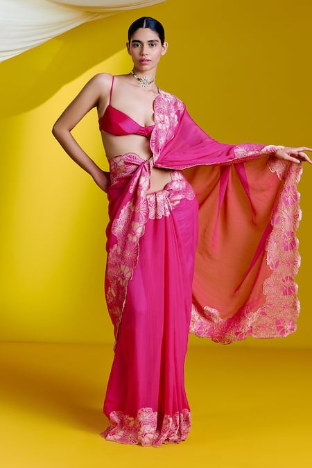 Ekaya Banaras_Pink Georgette Embroidery Floral Cutwork Border Saree _Online_at_Aza_Fashions