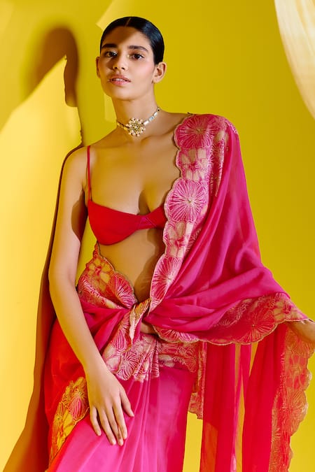 Buy_Ekaya Banaras_Pink Georgette Embroidery Floral Cutwork Border Saree _Online_at_Aza_Fashions