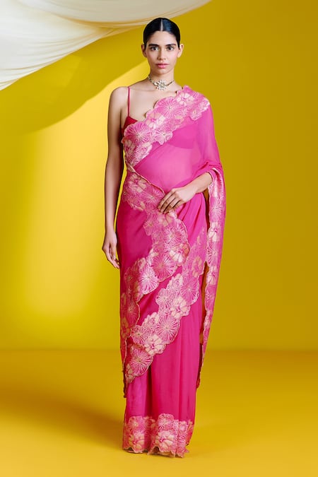 Ekaya Pink Georgette Cutwork Border Saree With Unstitched Blouse Piece  