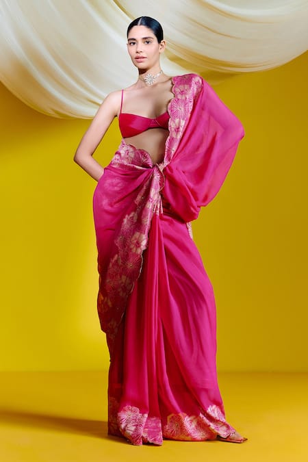 Shop_Ekaya Banaras_Pink Georgette Embroidery Floral Cutwork Border Saree _at_Aza_Fashions