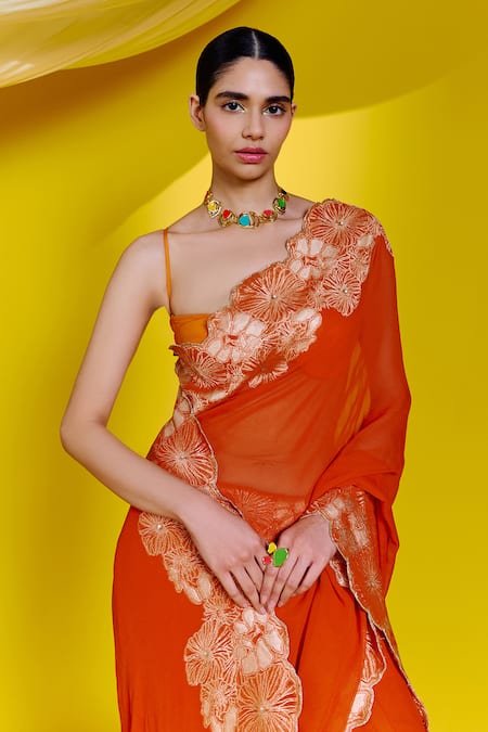 Ekaya Banaras_Orange Georgette Floral Placement Woven Saree With Unstitched Blouse Piece _Online_at_Aza_Fashions