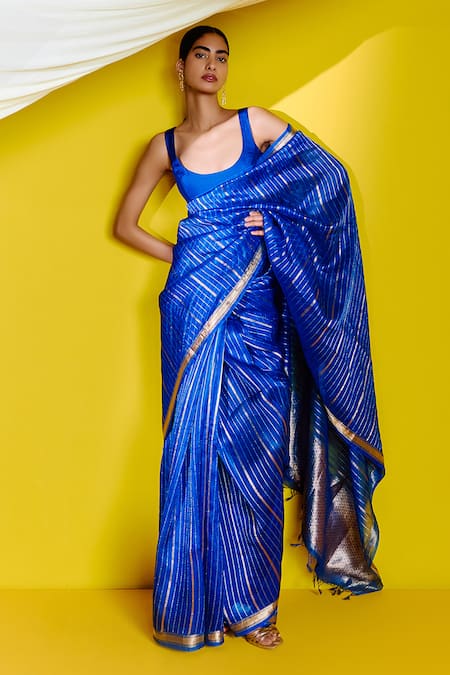 Ekaya Banaras Striped Pattern Saree With Unstitched Blouse Piece 