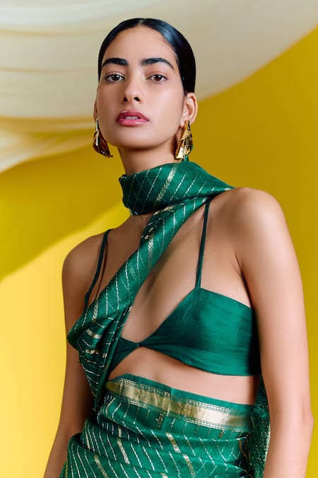 Ekaya Banaras_Green Organza Embroidery Linear Woven Saree With Unstitched Blouse Piece _Online_at_Aza_Fashions