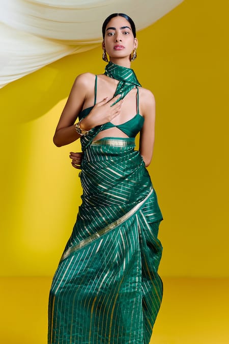 Shop_Ekaya Banaras_Green Organza Embroidery Linear Woven Saree With Unstitched Blouse Piece _at_Aza_Fashions