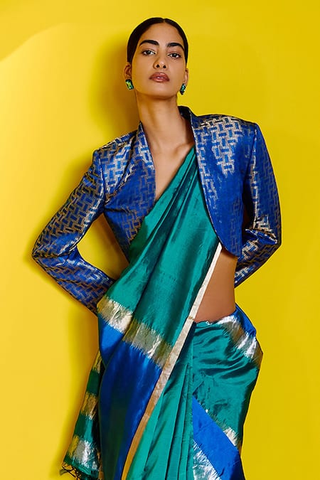 Ekaya Banaras_Blue Silk Linear Pattern Saree With Unstitched Blouse Piece _Online_at_Aza_Fashions