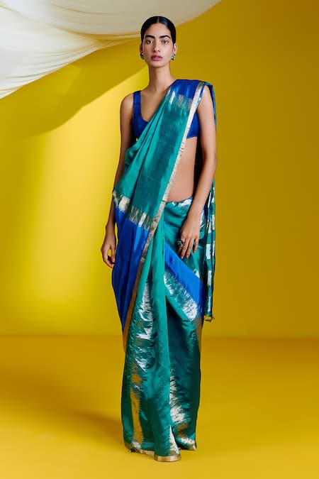Buy_Ekaya Banaras_Blue Silk Linear Pattern Saree With Unstitched Blouse Piece _Online_at_Aza_Fashions