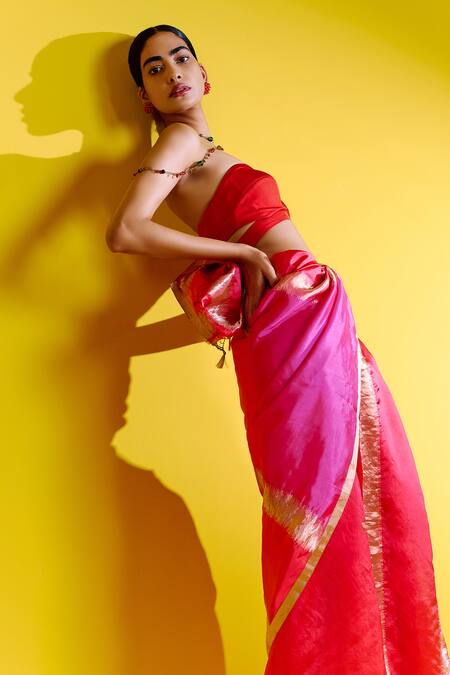 Ekaya Banaras_Pink Silk Colorblock Woven Saree With Unstitched Blouse Piece _Online_at_Aza_Fashions