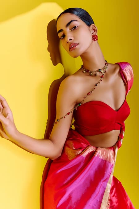 Buy_Ekaya Banaras_Pink Silk Colorblock Woven Saree With Unstitched Blouse Piece _Online_at_Aza_Fashions