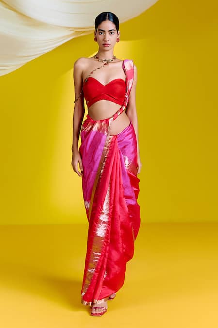 Shop_Ekaya Banaras_Pink Silk Colorblock Woven Saree With Unstitched Blouse Piece _at_Aza_Fashions