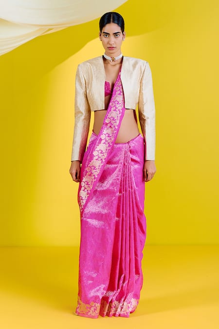 Ekaya Pink Silk Handwoven Floral Jaal Saree With Unstitched Blouse Piece  