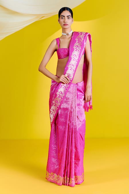 Shop_Ekaya Banaras_Pink Silk Embroidery Floral Jaal Woven Saree With Unstitched Blouse Piece _at_Aza_Fashions