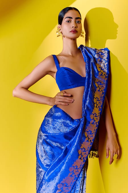 Shop_Ekaya Banaras_Blue Silk Embroidery Blossom Woven Saree With Unstitched Blouse Piece _at_Aza_Fashions