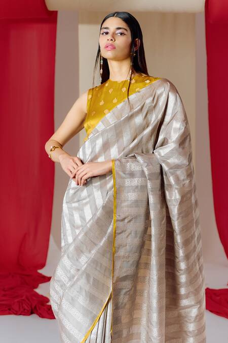 Shop Ekaya Banaras Grey Silk Striped Saree With Unstitched Blouse Piece at Aza Fashions Shop_Ekaya Banaras_Grey Silk Striped Saree With Unstitched Blouse Piece_at_Aza_Fashions