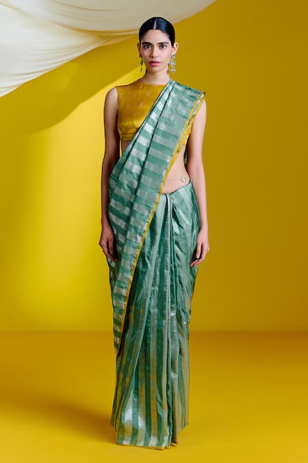 Ekaya Green Silk Handwoven Linear Saree With Unstitched Blouse Piece  