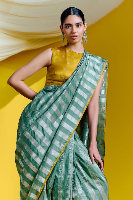 Shop_Ekaya Banaras_Green Silk Embroidery Linear Woven Saree With Unstitched Blouse Piece _at_Aza_Fashions