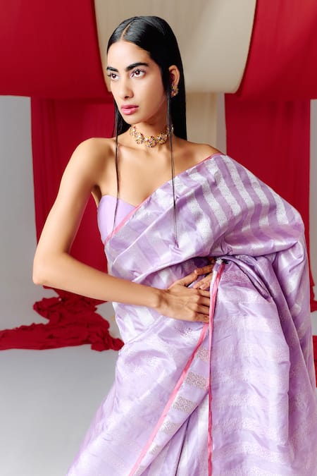 Shop_Ekaya Banaras_Purple Silk Floral Stripe Woven Saree With Unstitched Blouse Piece _at_Aza_Fashions