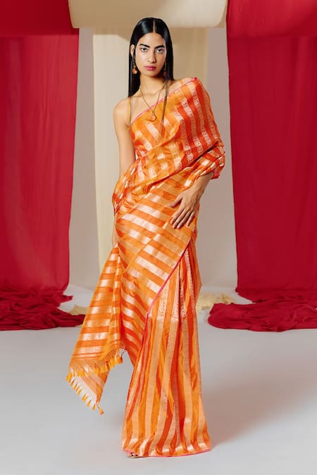 Ekaya Banaras_Orange Silk Floral Stripe Pattern Saree With Unstitched Blouse Piece _Online_at_Aza_Fashions