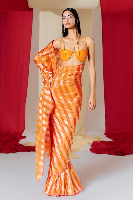 Shop_Ekaya Banaras_Orange Silk Floral Stripe Pattern Saree With Unstitched Blouse Piece _at_Aza_Fashions