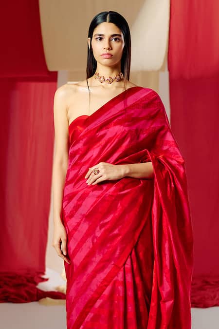 Ekaya Banaras Red Silk Embroidery Flower Stripe Woven Saree With Unstitched Blouse Piece Online at Aza Fashions Ekaya Banaras_Red Silk Embroidery Flower Stripe Woven Saree With Unstitched Blouse Piece _Online_at_Aza_Fashions